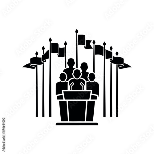 Political figures at a podium with flags.