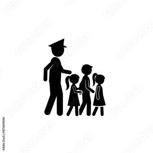 School crossing guard helping children cross street.