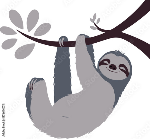 Minimalist vector sticker of a sloth hanging from a branch, calm pose, simplified rounded shapes, clean outline, flat soothing style, white background, wellness app friendly