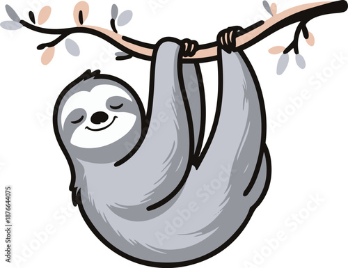  Minimalist vector sticker of a sloth hanging from a branch, calm pose, simplified rounded shapes, clean outline, flat soothing style, white background, wellness app friendly 2.