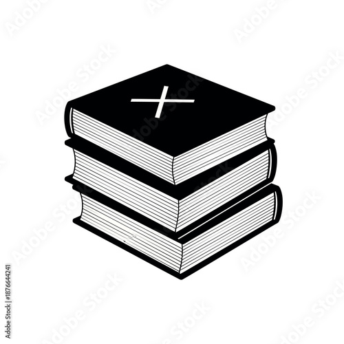 Stack of three books with a cross symbol on the top book.