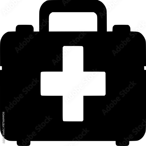 First Aid Kit: A silhouette of a first aid kit, its handle prominent, displays a universally recognized white cross, symbolizing emergency preparedness and health.