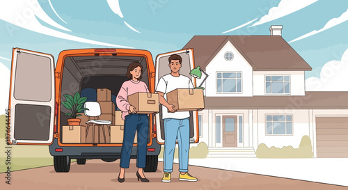 Couple Moving into New Home with Boxes and Furniture.