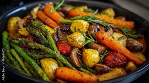 Cooking a healthy vegetarian dish with various roasted vegetables and herbs in a pan