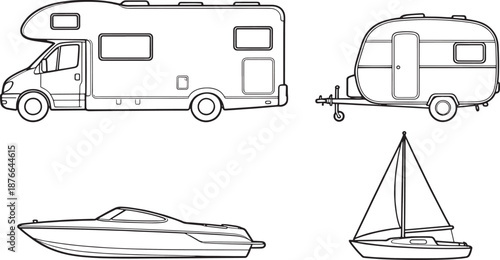 A collection of outlined travel vehicles showcases a motorhome, a camper trailer, a speedboat, and a sailboat, embodying the spirit of exploration and adventure.