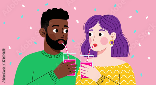 Illustration of a man and woman sharing a pink drink together.