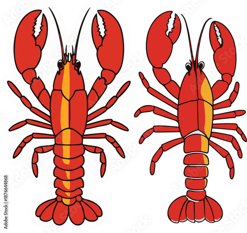 Minimalist vector sticker of a lobster top view, segmented body simplified, clean outline, flat modern style, white background, gourmet branding.