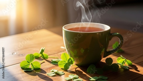 St Patrick's Day, Green mug of hot tea with shamrocks and clover leaves