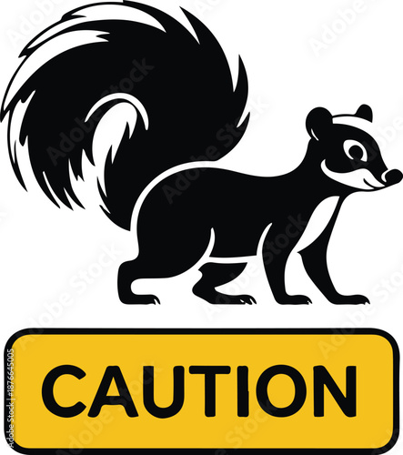 Minimalist vector sticker of a skunk tail raised, simplified warning pose, clean outline, flat icon style, white background, caution label friendly 2