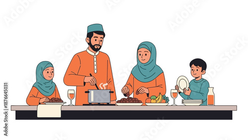 Vector illustration of a Muslim family cooking together in a modern kitchen with a warm atmosphere on Eid or Ramadan.