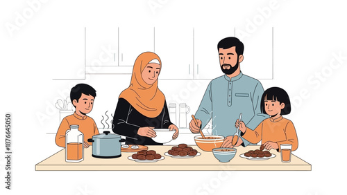 A Muslim family of four, including a man, woman in hijab, and two children, prepare and share a meal together in a kitchen, celebrating Eid or Ramadan in a warm and intimate illustration.