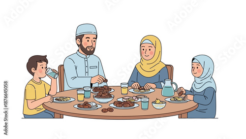 Vector illustration of a Muslim family sharing a meal together in a traditional Eid Style setting with a festive atmosphere.
