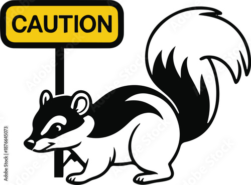 Minimalist vector sticker of a skunk tail raised, simplified warning pose, clean outline, flat icon style, white background, caution label friendly
