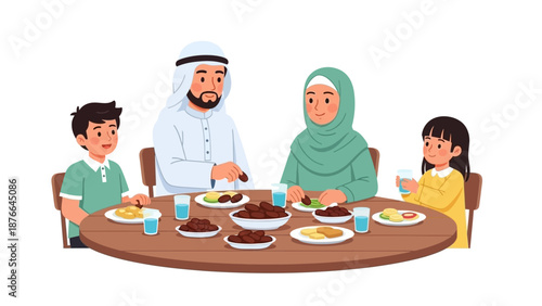 A Muslim family enjoys a meal together during Ramadan or Eid, sitting around a table with traditional food and drinks in a warm and festive atmosphere.