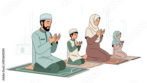 Vector illustration of a Muslim family praying together on colorful mats in a simple, Eid Style setting, conveying a sense of unity and spirituality.