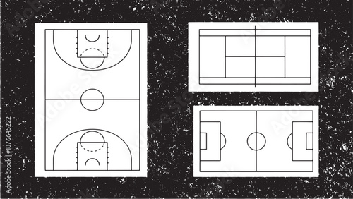Sport court blueprints showcasing a basketball court, tennis court and soccer field. This image invites viewers to embrace the excitement of various games.