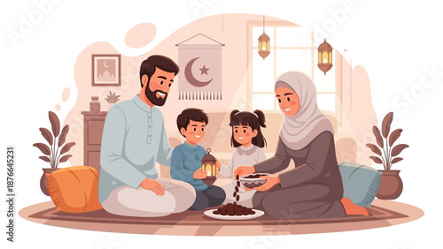 A Muslim family with a man, woman, and two children sitting on the floor together, celebrating Eid or Ramadan in a cozy home interior with traditional decorations and warm lighting.