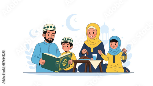 Vector illustration of a Muslim family with parents and two children celebrating Eid or Ramadan, reading a holy book in a traditional setting with a mosque and crescent moon.