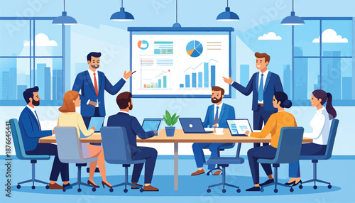 Business Meeting Scenarios Presentation Brainstorming Negotiation Training - Vector Illustration