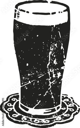 Glass of dark beer on a round coaster, vintage distressed illustration
