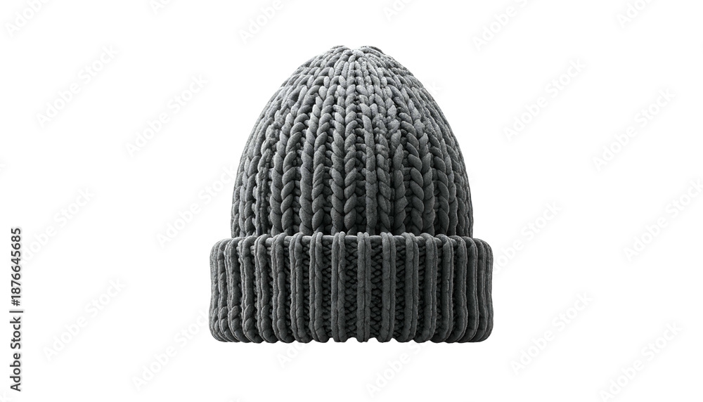 Fototapeta premium A grayscale image showcases a ribbed knit beanie hat against a stark black background