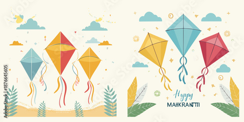 Kites Flying in The Sky: A collection of vibrant kites soar amidst clouds, evoking the essence of freedom and the exhilaration of kite flying. A celebration of colors, wind and joy representing Makar 