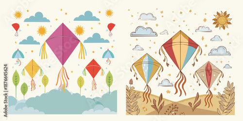 Kite Festival: Colorful kites dance in the sky, a whimsical scene of joy and freedom, against a backdrop of clouds and sunshine. A celebration of a time of joy and light heartedness representing Makar