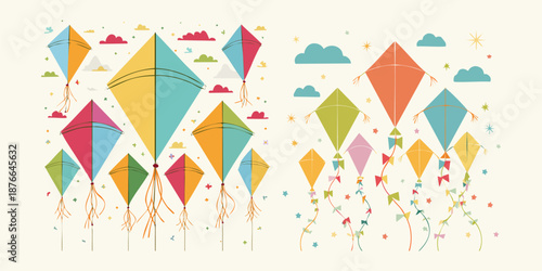 A Symphony of Kites: Colorful kites dance against the backdrop of puffy clouds, each soaring high on the breeze, embodying the spirit of carefree joy and freedom. representing Makar Sankranti