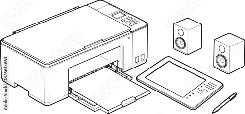 Technological synergy and connectivity. A modern workspace showcasing a printer, speakers and tablet. Demonstrating modern technology.