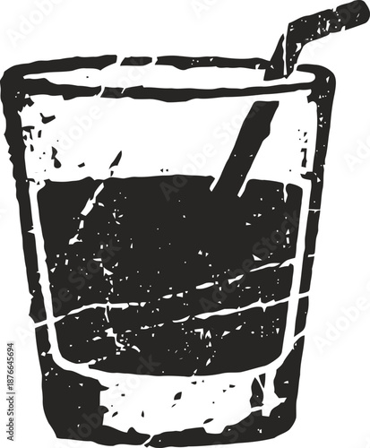 Illustration of a beverage glass with a straw, grunge black and white design