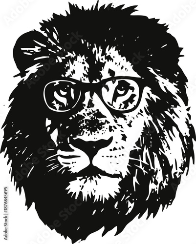 Lion wearing glasses illustration black and white wild animal portrait with eyewear