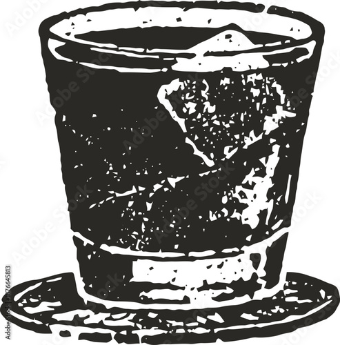 whiskey glass with ice cubes on round coaster isolated black and white illustration