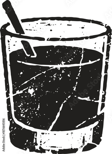 Whiskey glass with ice and stirring stick, vintage distressed black illustration of a drink
