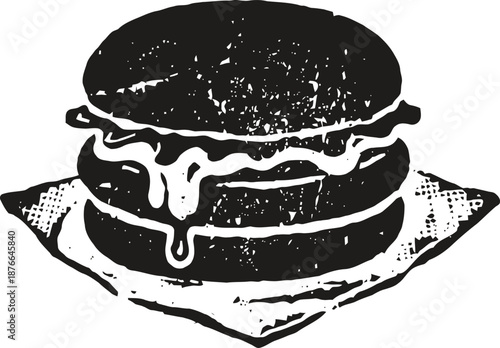 Classic cheeseburger illustration with melted cheese and lettuce on a textured napkin