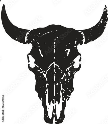 black buffalo skull silhouette with large curved horns and weathered texture design