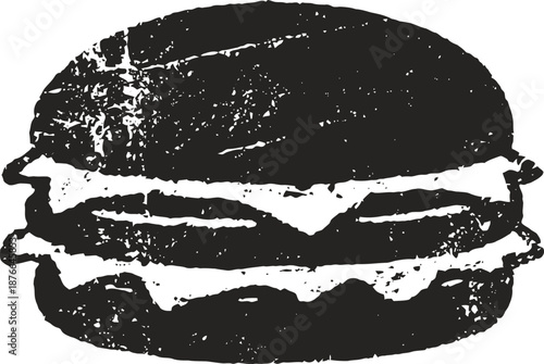 Grunge black and white hamburger illustration with lettuce and cheese