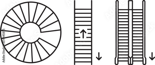 A minimalist blueprint showcases a spiral staircase with different perspectives, perfect for architectural concepts.