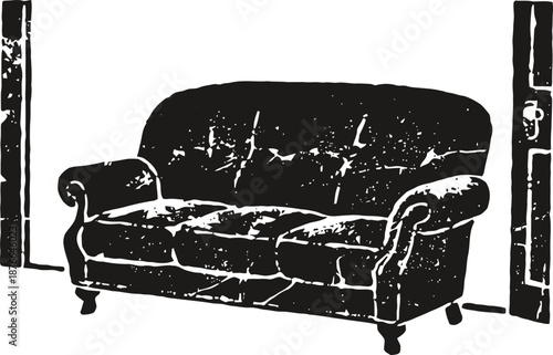 worn vintage sofa with armrests and cushions in distressed