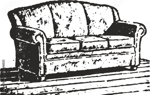 Vintage sofa illustration with textured cushions on wooden floorboards