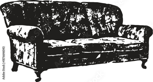 Vintage upholstered sofa with rolled arms and button tufting in black and white silhouette