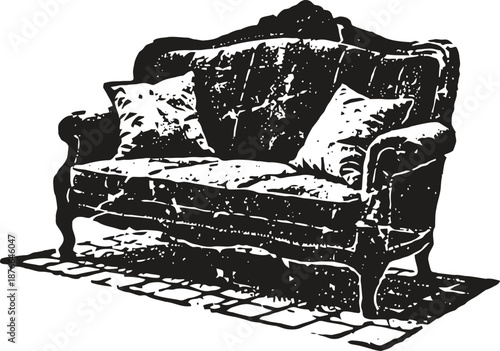 Vintage shabby chic sofa with cushions on woven rug, rustic classic living room furniture