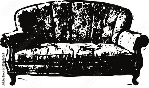 Vintage couch silhouette with tufted backrest and rolled arms in classic