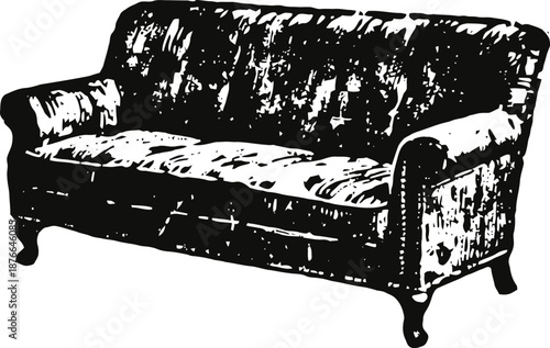 Vintage leather sofa with curved armrests and wooden legs in black and white illustration