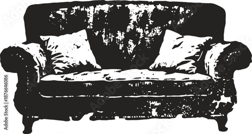 Classic vintage sofa with cushions in distressed style, antique couch silhouette