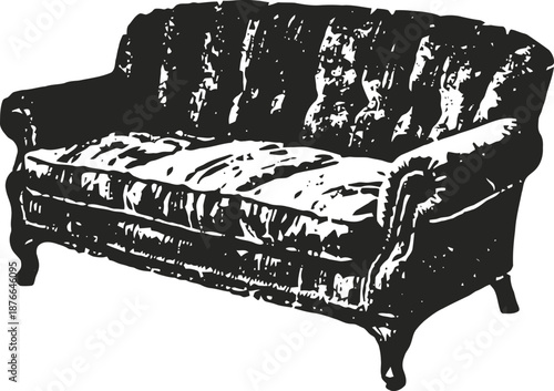 Vintage ornate couch with carved wooden legs and tufted backrest in black and white