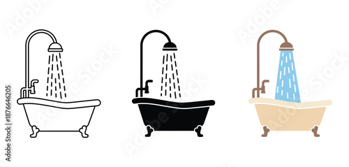 Bath and shower icon set, featuring a bathtub with a showerhead, flowing water, and bubbles, designed for relaxation, hygiene, personal care concepts, modern bathroom graphics