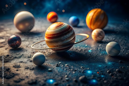 Abstract solar system scene with realistic planets and rings arranged on textured surface, cinematic lighting, space science concept for education and design