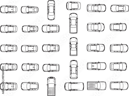 A grid of car designs from overhead view, showcasing a variety of vehicles.