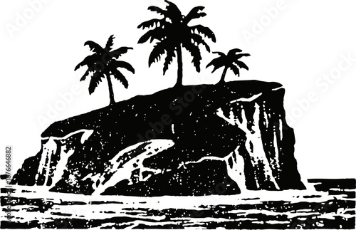 Island silhouette with palm trees tropical landscape, ocean waves, nature, vacation, tropical getaway illustration