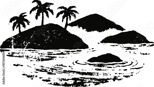 Silhouette of tropical island with palm trees surrounded by ocean waves and rocks